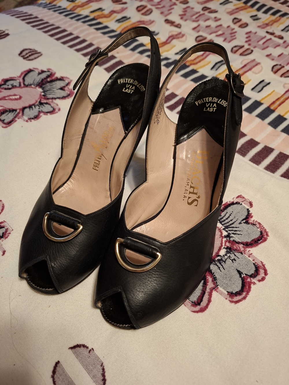 Vintage Palter DeLiso Black Leather Slingback Peep-Toe Heels w/ Gold Accent 7.5
